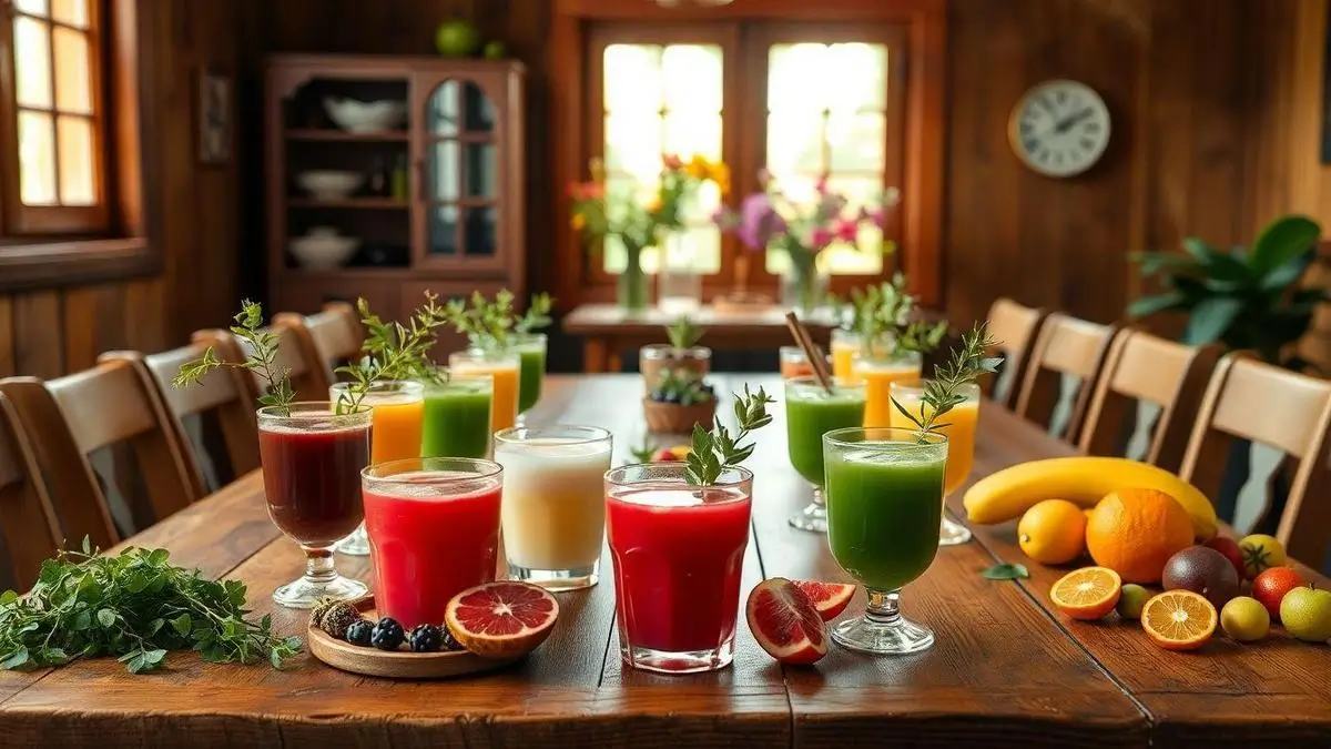 Uma mesa de madeira com copos de sucos coloridos, decorados com ervas frescas. Ao redor, frutas como laranjas, bananas e amoras. O ambiente é rústico, iluminado por janelas ao fundo e decorado com flores, criando uma atmosfera acolhedora."