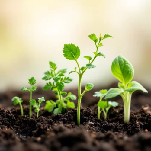 Mudas jovens de ervas crescendo em solo escuro e rico, com pequenas folhas verdes vibrantes captando luz suave do ambiente. As plantas exibem diferentes estágios de desenvolvimento, simbolizando o início saudável de um cultivo. O plano de fundo desfocado cria um contraste que destaca os detalhes das mudas e a textura do solo fértil.